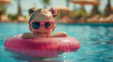 Little Girl With Sunglasses and Pink Floatie in Pool photo