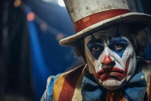 Sad clown exhausted circus jester joker emotions unhappy depressed performer. Carnival man sadness depression melancholic face expression make-up worried person costume dressed actor photo