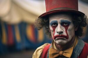 Sad clown exhausted circus jester joker emotions unhappy depressed performer. Carnival man sadness depression melancholic face expression make-up worried person costume dressed actor photo