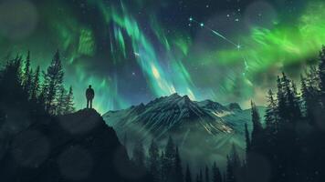 ilustração do uma lindo Visão do a aurora e montanhas com a silhueta do uma alpinista e aventureiro. video