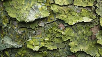 A detailed closeup of lichen growth on bark showcasing the varied textures and shades of green from soft and velvety to rough and spiky photo