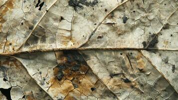 An extreme closeup shot of a dry withered leaf with a fragile brittle surface adorned with dark jagged spots and lines photo