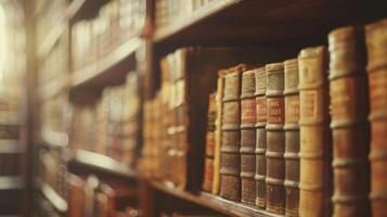 Defocused The delicate scent of old books lingers in the air as shelves upon shelves of richly bound volumes blur together in a cozy hideaway. A tranquil haven for those seeking the photo