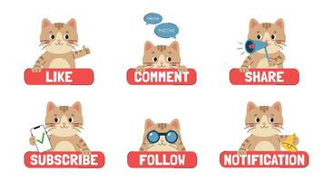 Call to action stickers for social networks with cute cat character. Like, comment, share, subscribe, follow, notification. Red buttons with animal. Illustration isolated on white background vector