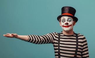 Smiling Mime In Top Hat With Outstretched Hand Against Blue Background photo