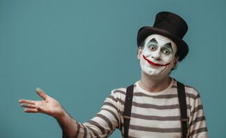 Smiling Mime In Top Hat With Outstretched Hand Against Blue Background photo