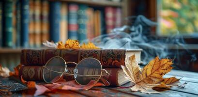 Open Book With Glasses And Autumn Leaves In A Library Setting photo