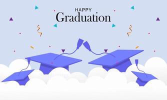 Graduation banner with cartoon, hats stars and diplomas flying vector