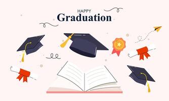 Graduation banner with cartoon, hats stars and diplomas flying vector