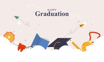 Graduation banner with cartoon, hats stars and diplomas flying vector