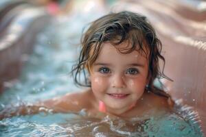 Portrait of a smiling little girl in a swimming pool on a hot summer day photo