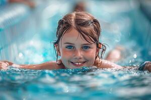 Portrait of a cute little girl in the swimming pool. Selective focus photo