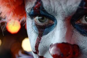 Macro shot capturing the intricate details of a clown's vibrant face makeup photo