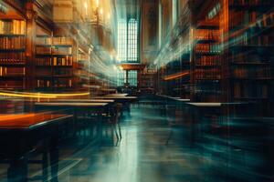 Majestic library hall illuminated by warm light rays photo