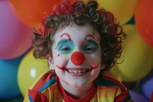 Joyful child in clown makeup with balloons photo