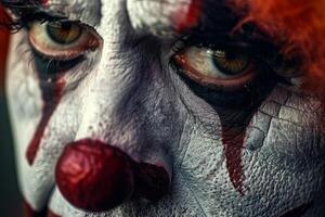 Intense clown face closeup with textured makeup photo