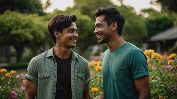 Loving gay couple enjoying romantic moment together standing close to each other amidst blooming flowers in park setting photo