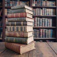 Weathered books on table, blurred library backdrop evokes nostalgic scholarly ambiance For Social Media Post Size photo