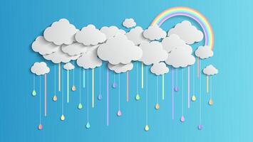 rainbows and clouds in the sky. Graphic design for Rainbow. flying hearts. Paper cut and craft styles. vector