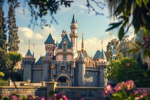 Enchanted fairytale castle amidst blossoming gardens photo