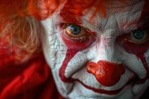 Scary clown with red makeup smiling showing his teeth photo