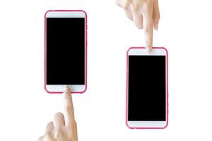 The woman's hand that is touching the phone, white background. The screen is black. photo