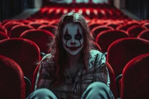 Young woman with scary clown makeup sitting in empty cinema theater photo