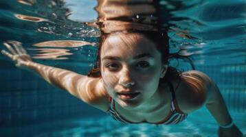 a woman under water with her hair flowing photo