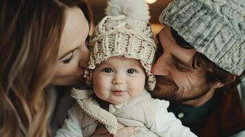 amoroso padres abrazando su adorable bebé en acogedor invierno atuendo, capturar un oferta familia momento. foto