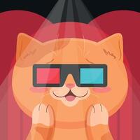 Cute ginger cat in 3d glasses sitting in movie theater. Cat watching a movie close up. Movie hall with red seats and spotlight. Cute cartoon character. illustration vector