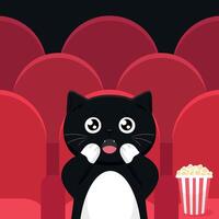 Cute black tuxedo cat in movie theater. Cat watching a movie in movie hall with red seats and spotlight. Cute cartoon character. illustration vector