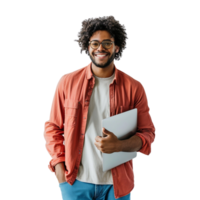 Happy young man holding a laptop. png