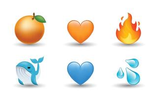 6 Emoticon isolated on White Background. Orange fruit, fire flame, orange and blue heart, water drop, blue whale emoji Illustration. 3d Illustration set. vector