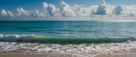 tropical beach panorama, seascape with a wide horizon, showcasing the beautiful expanse of the sky meeting the sea. photo