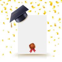 Graduation frame. Diploma template of high school, college or university graduation with golden confetti and hat illustration vector