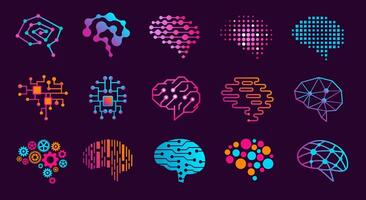 Human brain. Innovation thinking emblem, artificial Intelligence, neural engine and mind research icons set vector