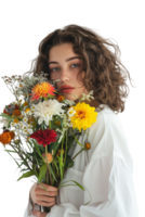 Isolated woman holding bouquet of flowers against transparent background png