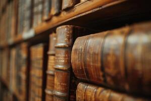 Wooden shelf with books in a row. Education and knowledge. Blurred. photo