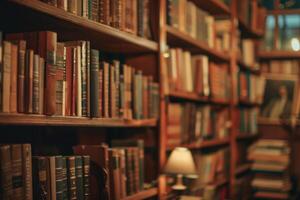 blurred bookshelf in library room for your background design photo