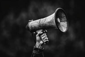 Protestor holding a megaphone to amplify message photo