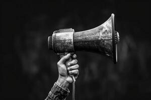 Activist holding a megaphone to make an announcement photo