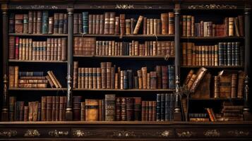 Antique wooden bookshelf filled with classic leather-bound books photo