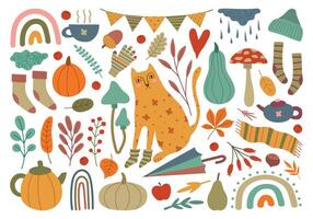 Autumn big set. Cute cat, leaf, autumn clothing, berry, branch, fruit and other seasonal elements. Hand drawing isolated illustration vector