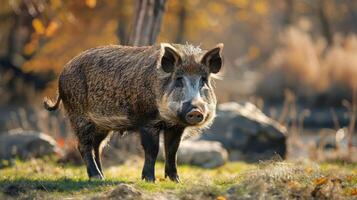 a wild boar standing in a grassy field photo