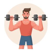 Young man with dumbbells. Sportsman training. Healthy lifestyle. Physical activity concept. Flat style illustration vector