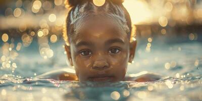 Adorable Child Swimming in Pool with Sunlight Reflections at Golden Hour photo