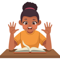 A girl is sitting at a table with her hands up png