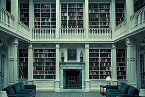 A spacious library with many books and a cozy fireplace photo