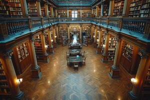 An impressive library with a spacious table and chairs in the center photo