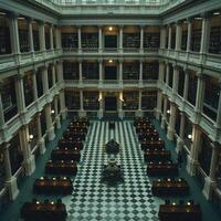 The interior space of a library showcasing a stylish checkered floor photo